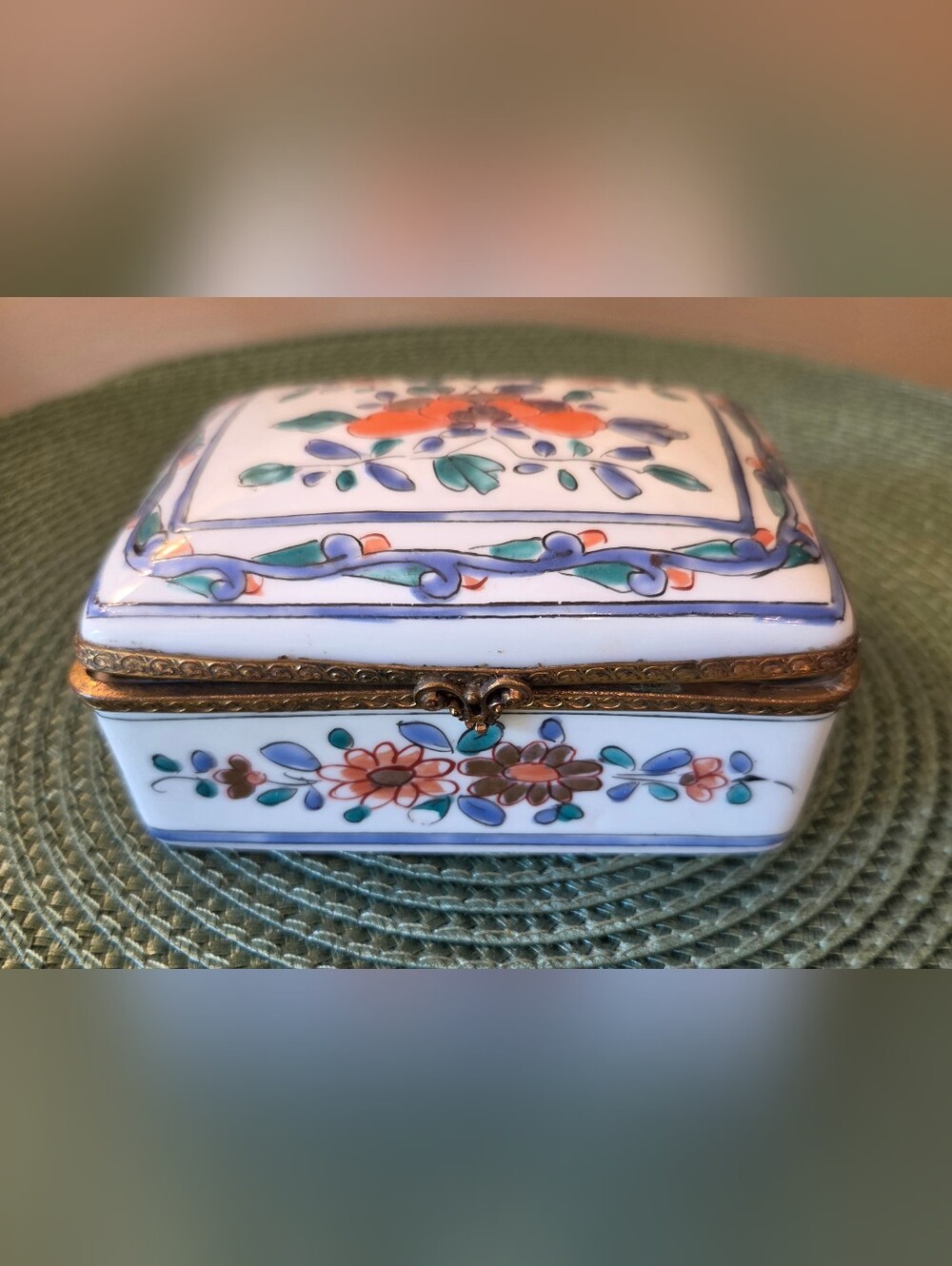 Vtg French Ceramic Trinket Box Hand Painted Rectangular Floral Blue Orange Gold